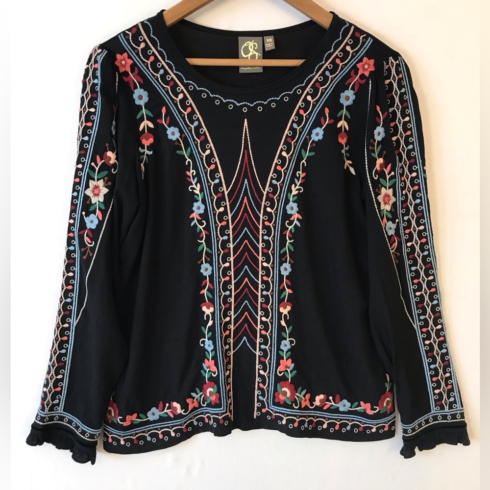 Anthropologie One September Boho Embroidered Linen Blend Puff Sleeve Top XS